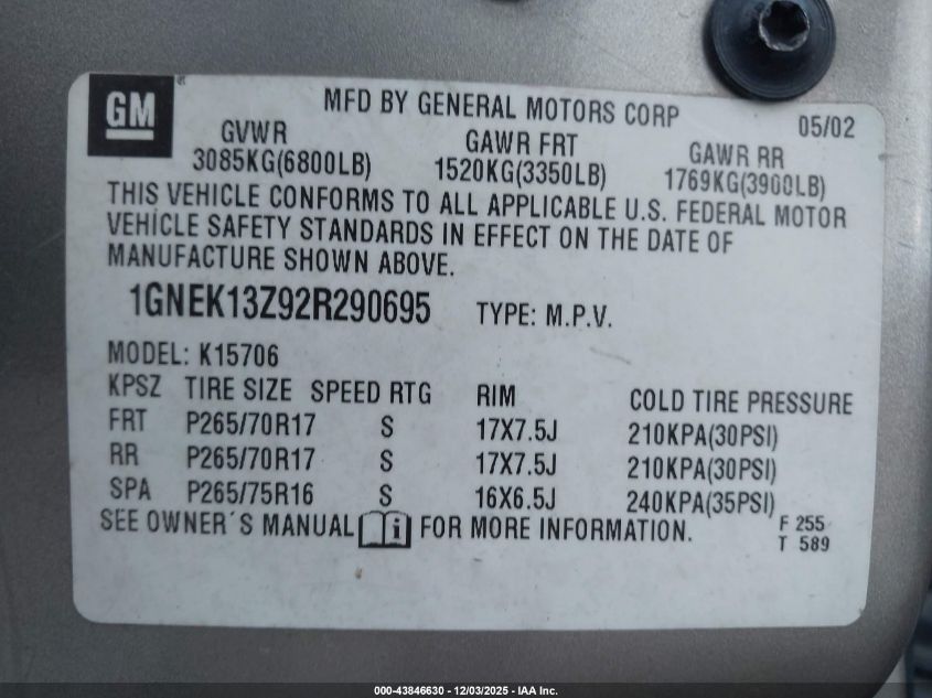 2002 Chevrolet Tahoe Z71 VIN: 1GNEK13Z92R290695 Lot: 43846630