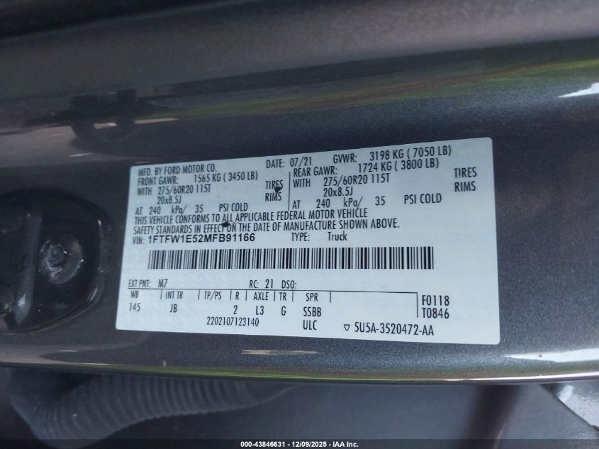 2021 Ford F-150 Xl VIN: 1FTFW1E52MFB91166 Lot: 43846631