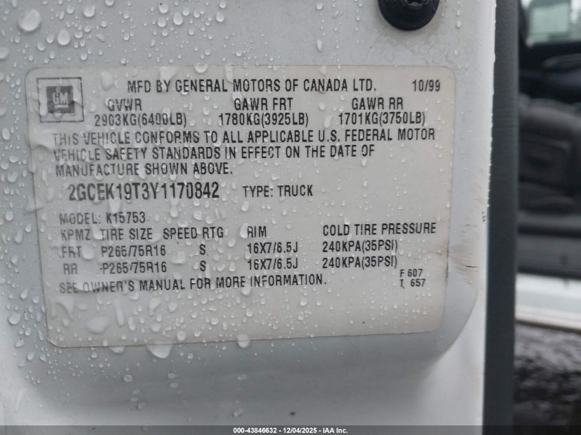 2000 Chevrolet Silverado 1500 Ls VIN: 2GCEK19T3Y1170842 Lot: 43846632