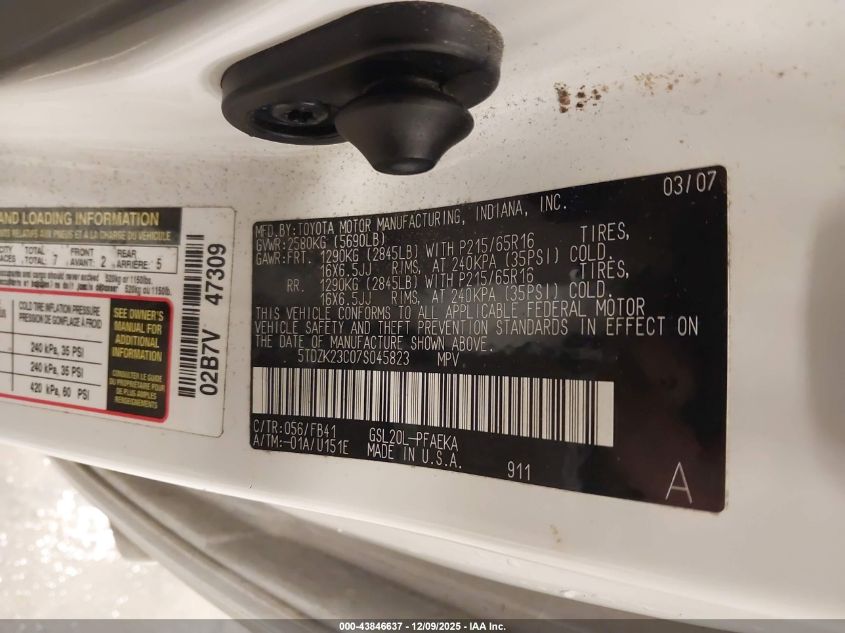 2007 Toyota Sienna Ce VIN: 5TDZK23C07S045823 Lot: 43846637