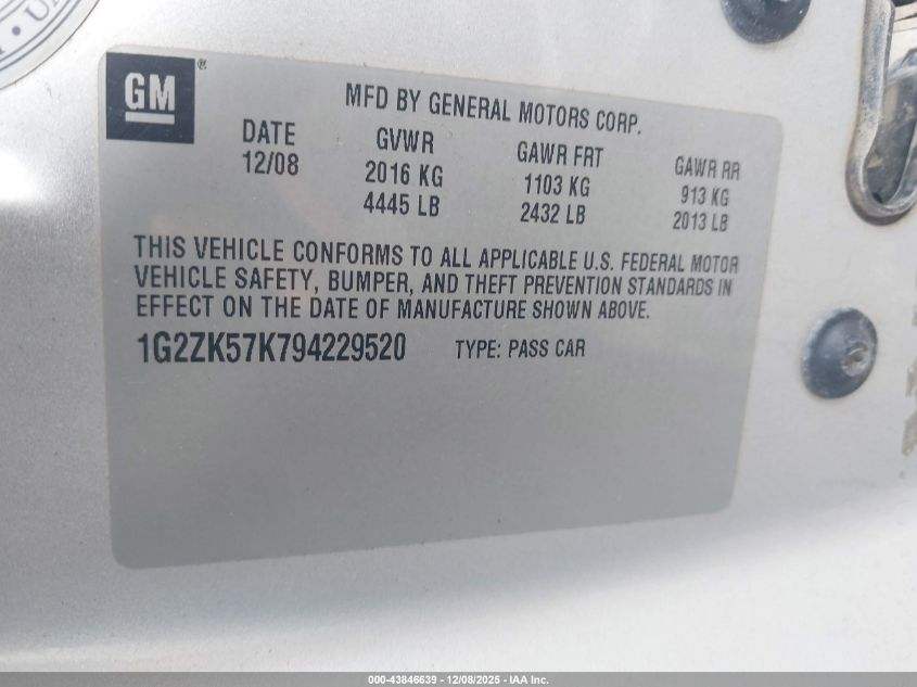 2009 Pontiac G6 New Gt VIN: 1G2ZK57K794229520 Lot: 43846639