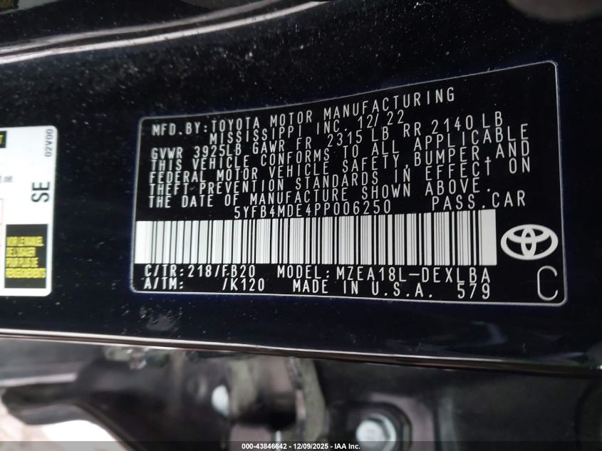 2023 Toyota Corolla Le VIN: 5YFB4MDE4PP006250 Lot: 43846642