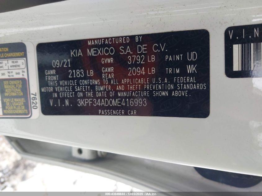 2021 Kia Forte Gt-Line VIN: 3KPF34AD0ME416993 Lot: 43846644