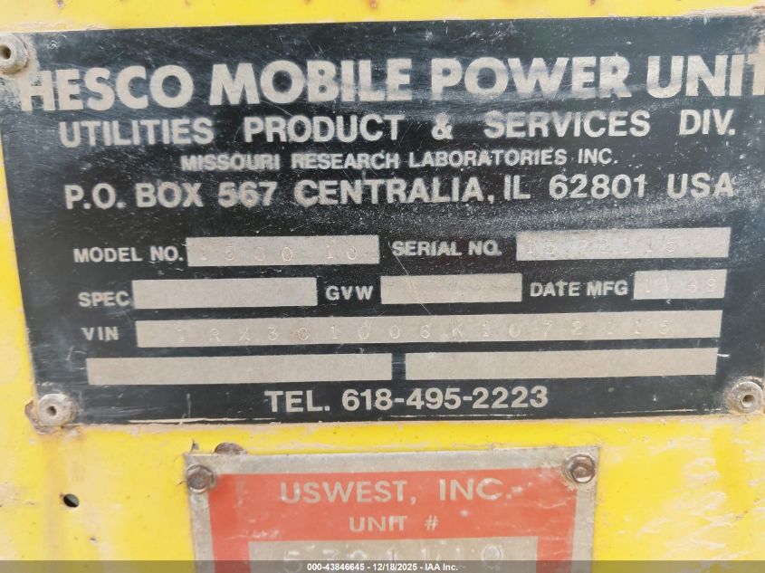 1989 Other Other VIN: 1RX301006K1072115 Lot: 43846645