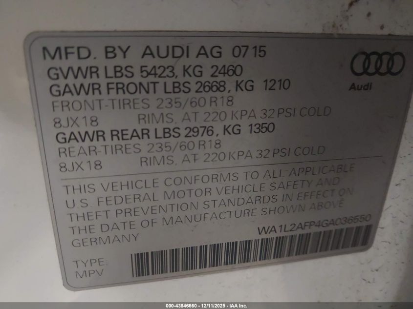 2016 Audi Q5 2.0T Premium VIN: WA1L2AFP4GA036550 Lot: 43846660