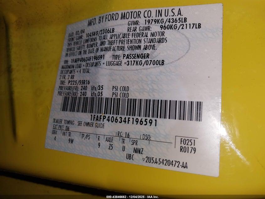 1FAFP40634F196591 2004 FORD MUSTANG photo no. 9