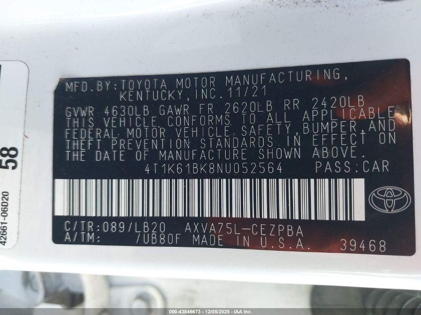 2022 Toyota Camry Xse Awd VIN: 4T1K61BK8NU052564 Lot: 43846673