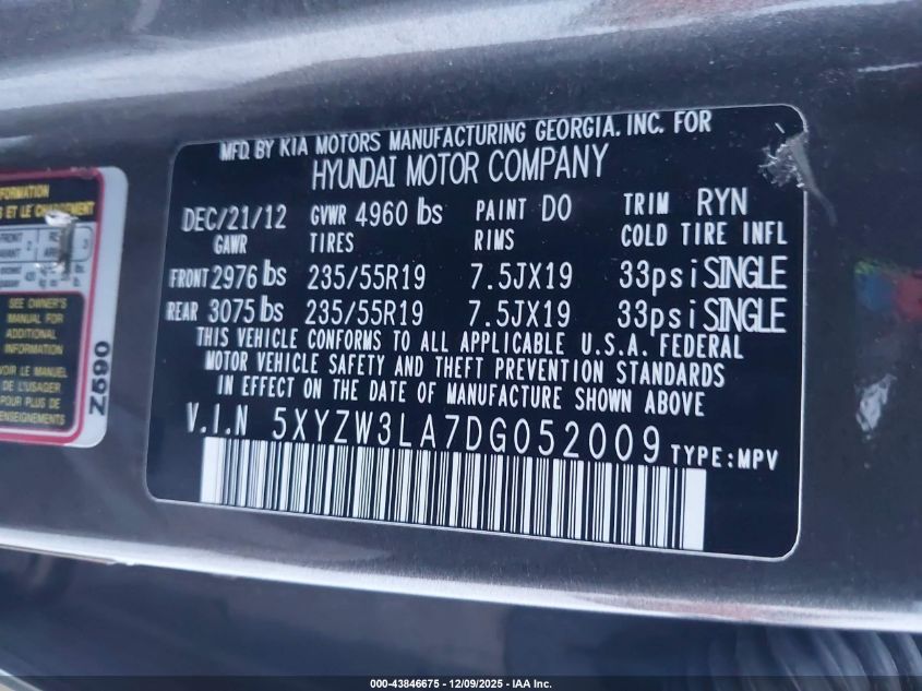 2013 Hyundai Santa Fe Sport 2.0T VIN: 5XYZW3LA7DG052009 Lot: 43846675