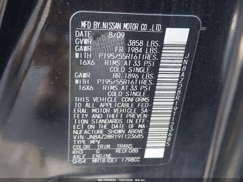 2009 Nissan Cube 1.8Sl VIN: JN8AZ28R19T123685 Lot: 43846694