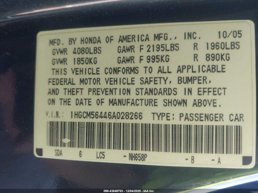 2006 Honda Accord Sdn Lx VIN: 1HGCM56446A028266 Lot: 43846703
