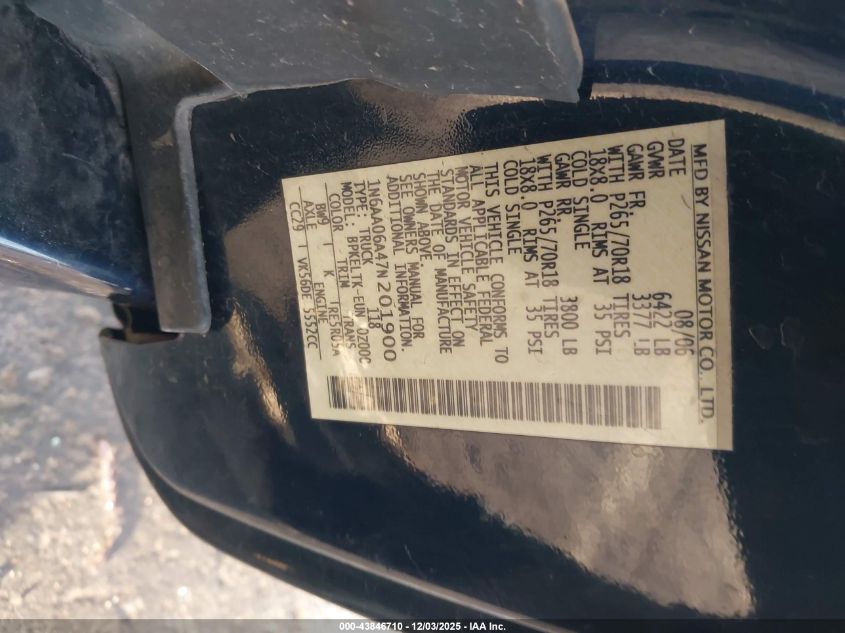 2007 Nissan Titan Se VIN: 1N6AA06A47N201900 Lot: 43846710