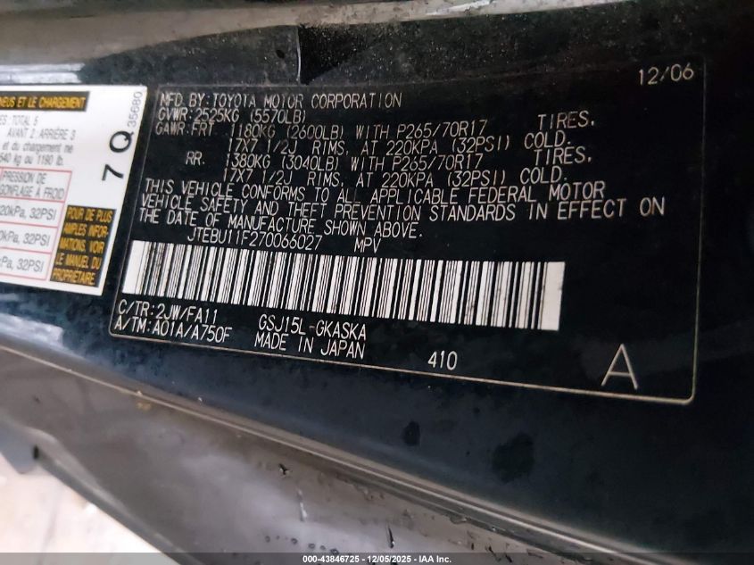 2007 Toyota Fj Cruiser VIN: JTEBU11F270066027 Lot: 43846725