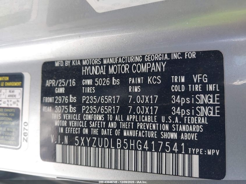 2017 Hyundai Santa Fe Sport 2.4L VIN: 5XYZUDLB5HG417541 Lot: 43846749
