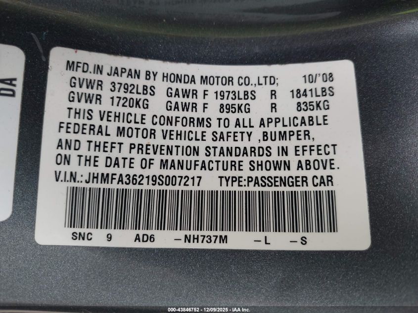 2009 Honda Civic Hybrid VIN: JHMFA36219S007217 Lot: 43846752