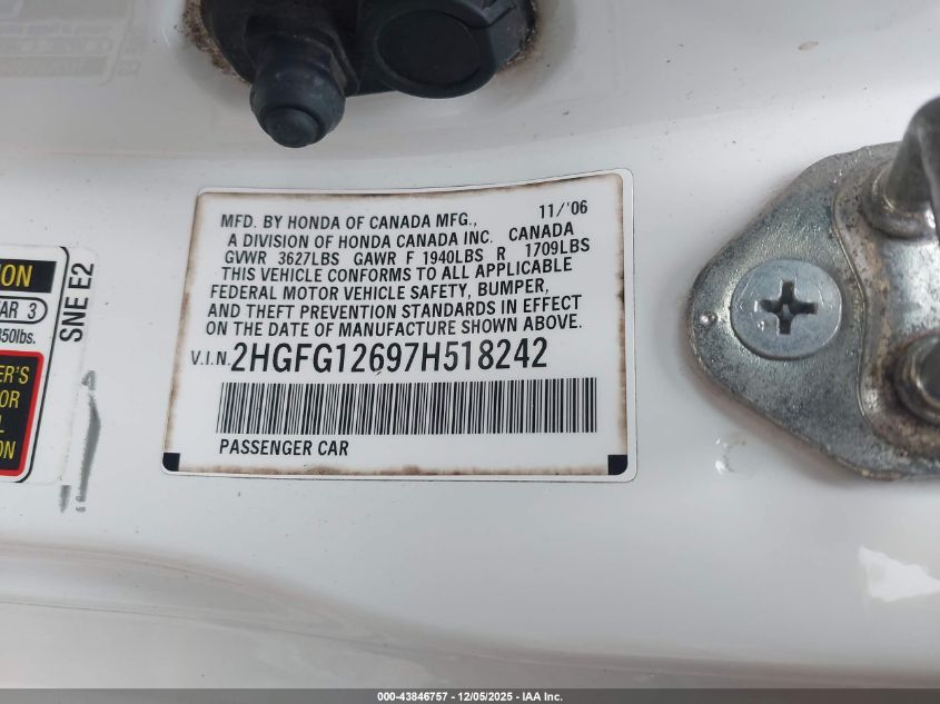 2007 Honda Civic Lx VIN: 2HGFG12697H518242 Lot: 43846757