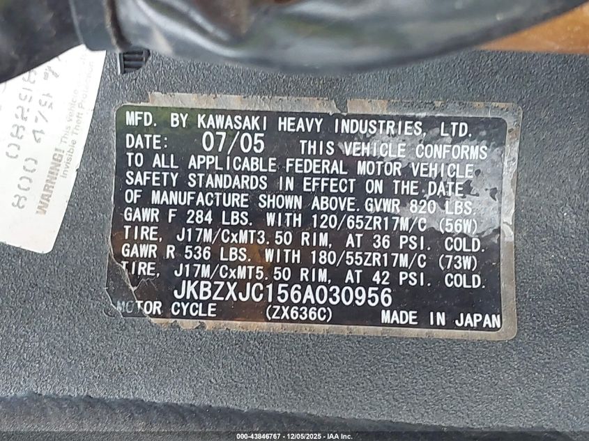 2006 Kawasaki Zx636 C1 VIN: JKBZXJC156A030956 Lot: 43846767