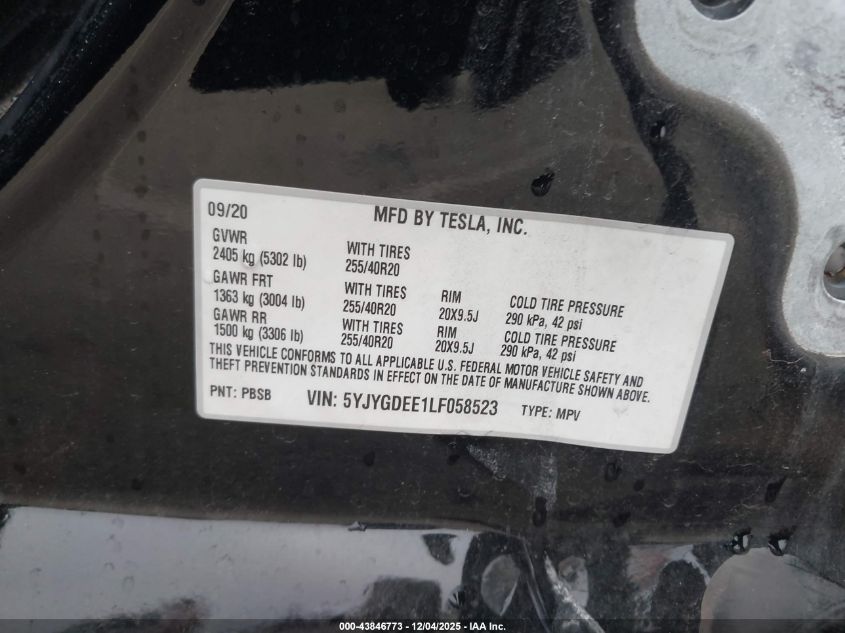 2020 Tesla Model Y Long Range Dual Motor All-Wheel Drive VIN: 5YJYGDEE1LF058523 Lot: 43846773
