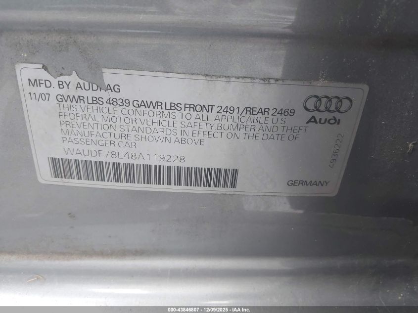 2008 Audi A4 2.0T VIN: WAUDF78E48A119228 Lot: 43846807