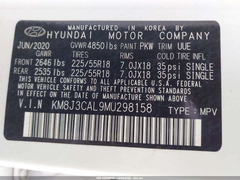 2021 Hyundai Tucson Ultimate VIN: KM8J3CAL9MU298158 Lot: 43846819