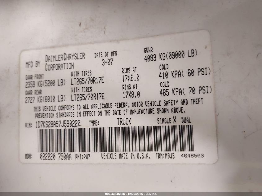 2007 Dodge Ram 2500 Slt/Trx4 Off Road/Sport/Power Wagon VIN: 1D7KS28A57J590220 Lot: 43846826