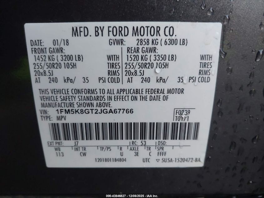 2018 Ford Explorer Sport VIN: 1FM5K8GT2JGA67766 Lot: 43846827