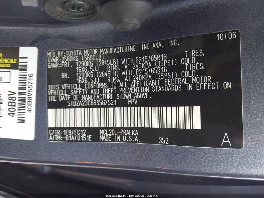 2006 Toyota Sienna Le VIN: 5TDZA23C66S567521 Lot: 43846841