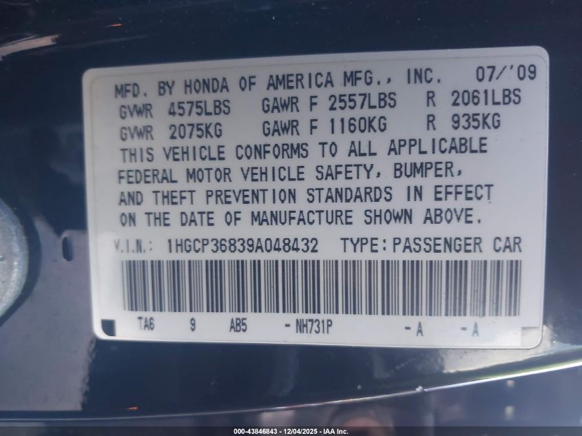 2009 Honda Accord 3.5 Ex-L VIN: 1HGCP36839A048432 Lot: 43846843