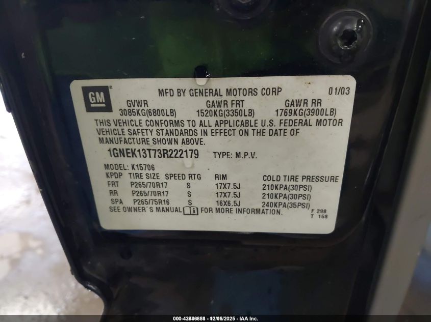 2003 Chevrolet Tahoe Z71 VIN: 1GNEK13T73R222179 Lot: 42773681