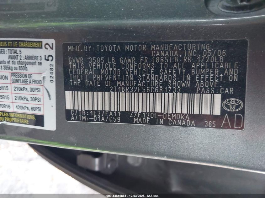 2006 Toyota Corolla Ce VIN: 2T1BR32E56C681733 Lot: 43846861