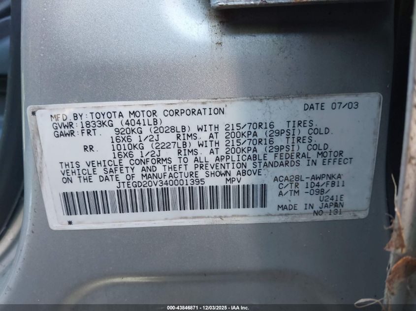 2004 Toyota Rav4 VIN: JTEGD20V340001395 Lot: 43846871