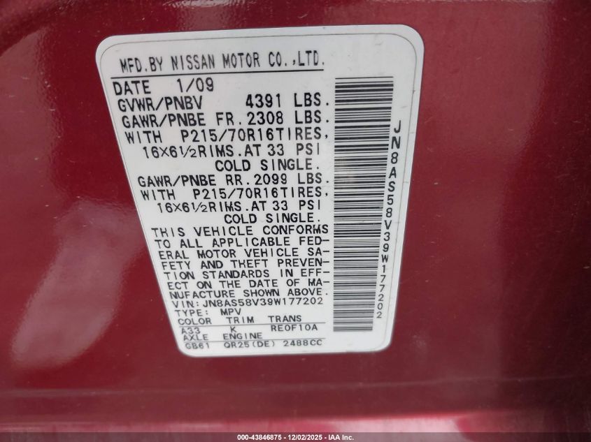 2009 Nissan Rogue S VIN: JN8AS58V39W177202 Lot: 43846875