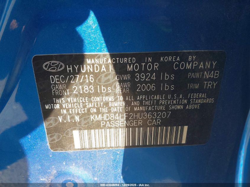 2017 Hyundai Elantra Value Edition VIN: KMHD84LF2HU363207 Lot: 43846894