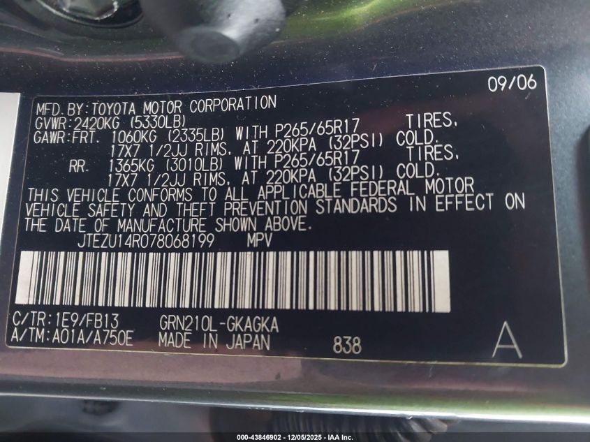 2007 Toyota 4Runner Sport V6 VIN: JTEZU14R078068199 Lot: 43846902