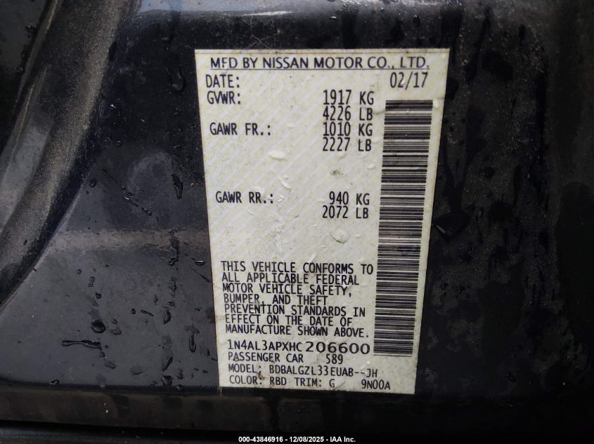 2017 Nissan Altima 2.5 S VIN: 1N4AL3APXHC206600 Lot: 43846916