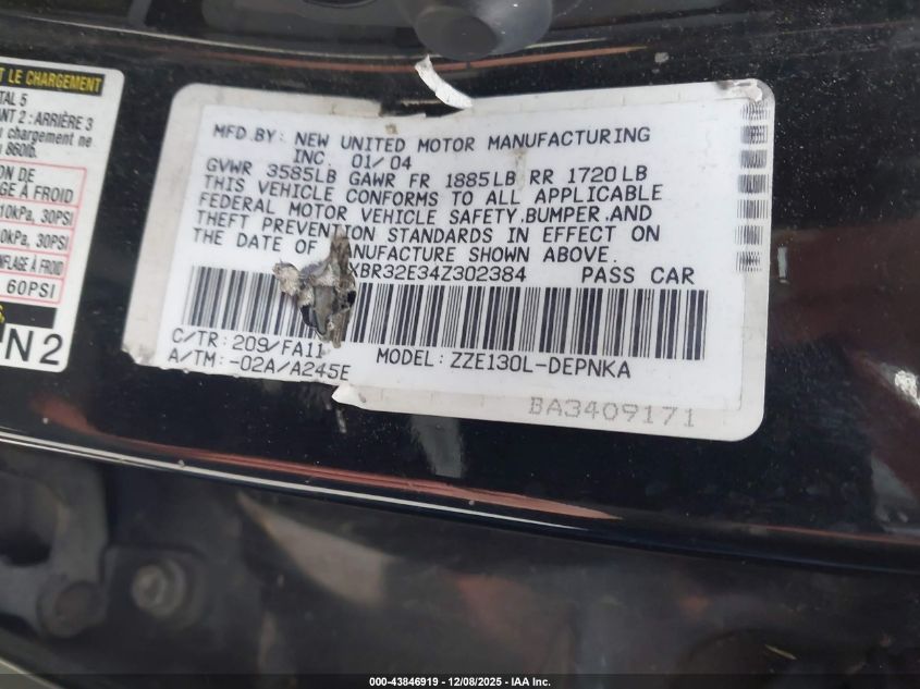 2004 Toyota Corolla Le VIN: 1NXBR32E34Z302384 Lot: 43846919