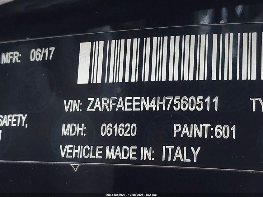 2017 Alfa Romeo Giulia Ti Awd VIN: ZARFAEEN4H7560511 Lot: 43846929