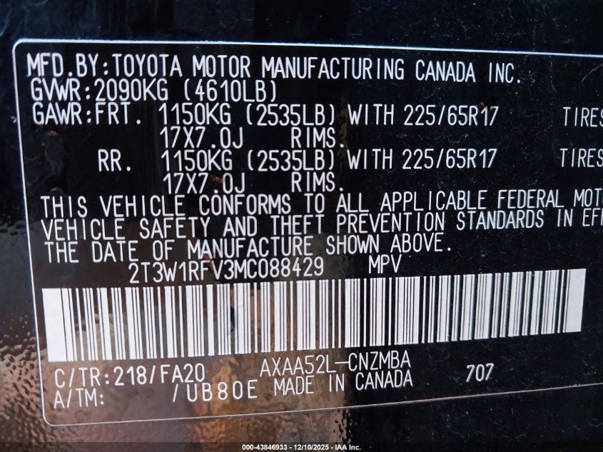 2021 Toyota Rav4 Xle VIN: 2T3W1RFV3MC088429 Lot: 43846933