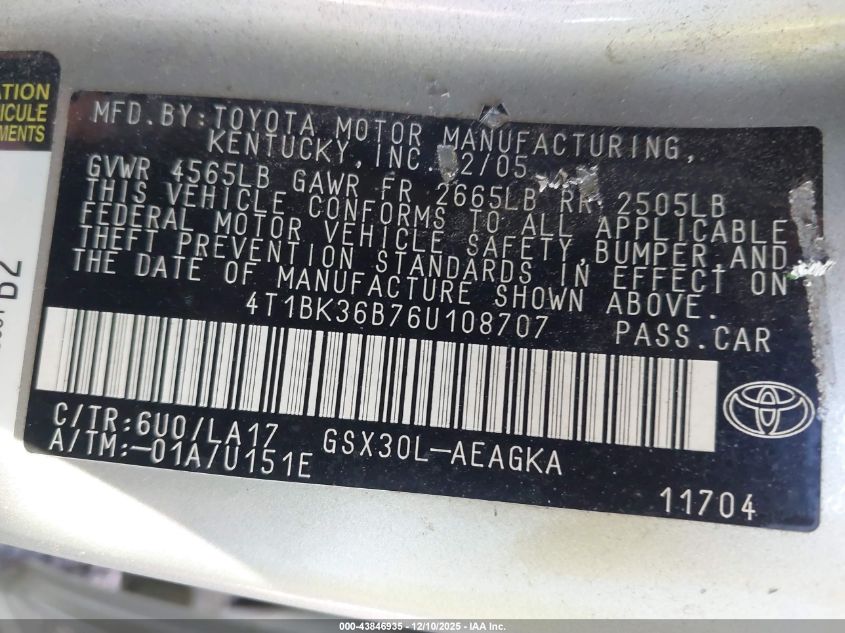 2006 Toyota Avalon Xls VIN: 4T1BK36B76U108707 Lot: 43846935