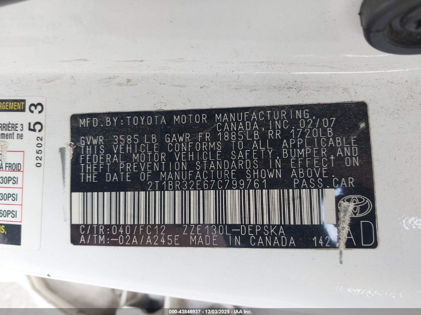 2007 Toyota Corolla S VIN: 2T1BR32E67C799761 Lot: 43846937