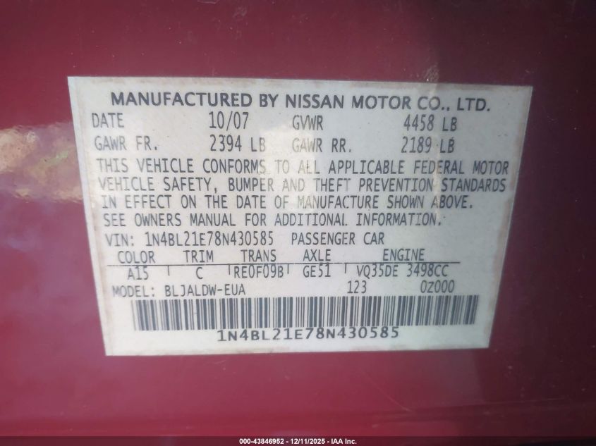 2008 Nissan Altima 3.5 Se VIN: 1N4BL21E78N430585 Lot: 43846952