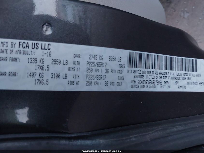 2016 Dodge Grand Caravan Sxt VIN: 2C4RDGCG3GR273950 Lot: 43846959