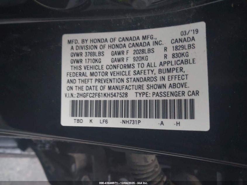 2019 Honda Civic Lx VIN: 2HGFC2F61KH547528 Lot: 43846971