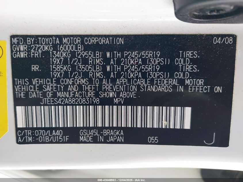 2008 Toyota Highlander Limited VIN: JTEES42A882083198 Lot: 43846983