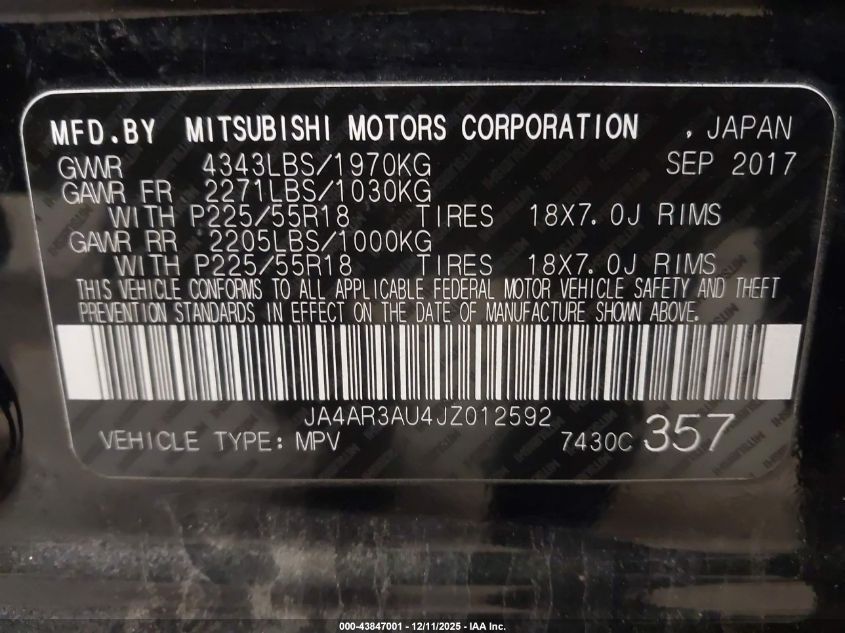 2018 Mitsubishi Outlander Sport 2.0 Es VIN: JA4AR3AU4JZ012592 Lot: 43847001