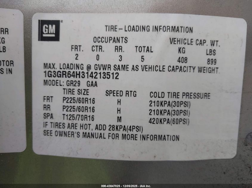 2001 Oldsmobile Aurora 3.5 VIN: 1G3GR64H314213512 Lot: 43847025