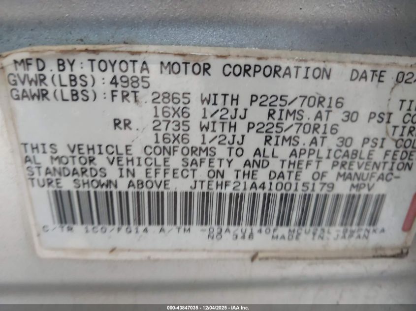 2001 Toyota Highlander V6 VIN: JTEHF21A410015179 Lot: 43847035