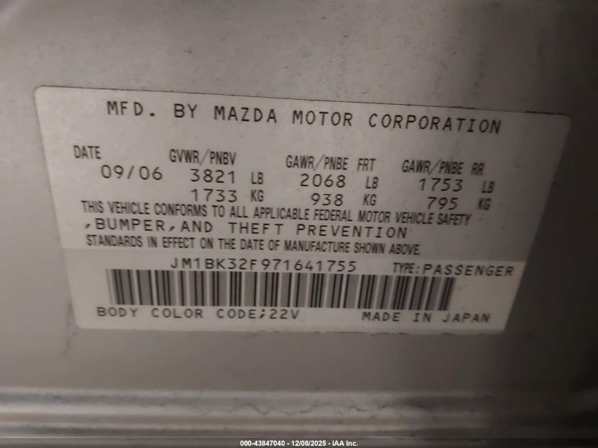 2007 Mazda Mazda3 I VIN: JM1BK32F971641755 Lot: 43847040