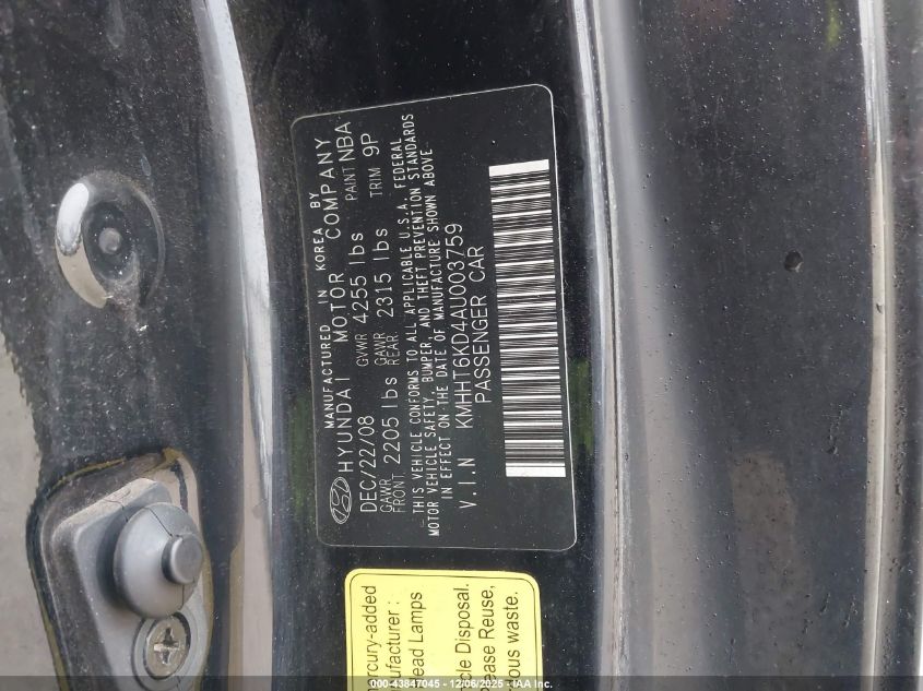 2010 Hyundai Genesis 2.0T Track VIN: KMHHT6KD4AU003759 Lot: 43847045