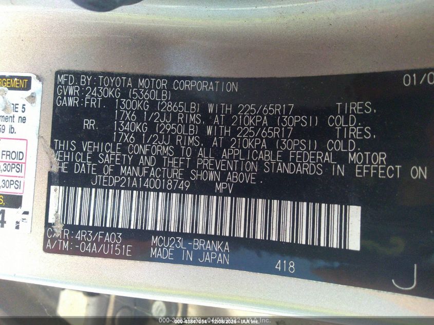 2004 Toyota Highlander Limited V6 VIN: JTEDP21A140018749 Lot: 43847054