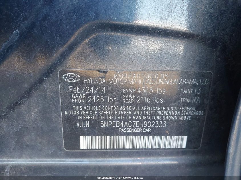 2014 Hyundai Sonata Gls VIN: 5NPEB4AC7EH902333 Lot: 43847061